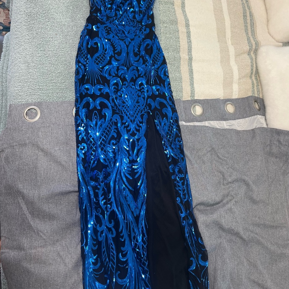Elegant Blue Velvet Gown with Black Accents